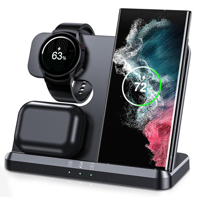 Wireless Charger Charging Station 10W Fast PD Charging Stand for Android Devices for Apple Watch 6-3 Earbuds 3-in-1 Multiple