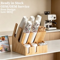 Organizador de tapas de tazas y pajitas de madera rústico multifuncional para mostrador de café, dispensador de gran capacidad para condimentos y servilletas de café