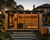 Sauna extérieur de luxe en bois d'épicéa de style victorien avec cabine, porte coulissante en verre, zone de change, vue panoramique, villa spa écologique