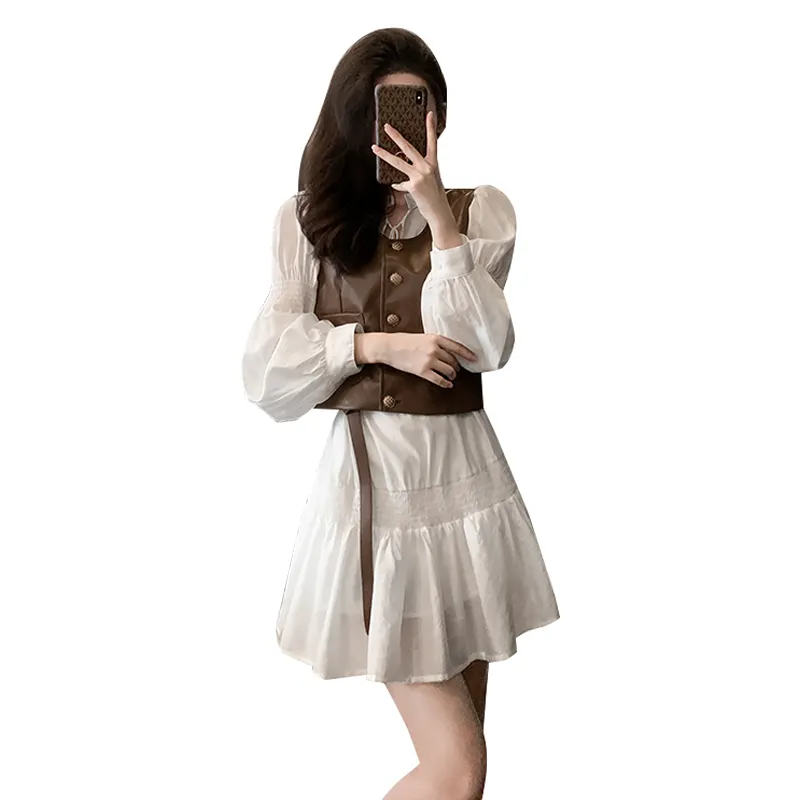 French Style Premium Dress Two Piece Set Casual Set New Zong Color Fashion 2023 Autumn White Cotton Women Knitted Button Regular