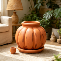 Pot de fleurs décoratif en résine en forme de citrouille, fait main et peint à la main, finition terre cuite, avec soucoupe assortie, pour jardin et terrasse extérieurs