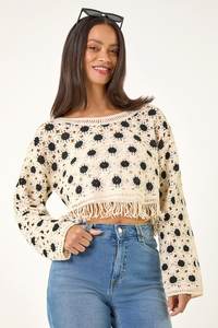 Women's Casual <strong>Cropped</strong> Long Sleeve Crewneck Soft Pullover Sweater Top Solid Color Stone Dusk with <strong>Crochet</strong> Tassel Hem <strong>Jumper</strong> - Product Image 4