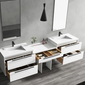<span class=keywords><strong>Mobile</strong></span> <span class=keywords><strong>Bagno</strong></span> Moderno Sospeso con Doppio Lavabo, Cassetto Centrale per Trucchi, Maniglie a Barra Lunga e Armadietto Alto per Biancheria - Product Image 6
