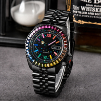 Maßgefertigte Herren-Armbanduhr Komplett Schwarz Edelstahl Mechanische Modeuhr mit Zeigern 22mm 50 Bar Wasserdicht Regenbogen-Kristall-Lünette