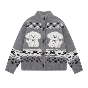 Dalang Knitwear Factory Women's Retro Puppy Jacquard Knit <b>Cardigan</b> Loose Fit Single Breasted Autumn Winter Sweater - Product Image 4