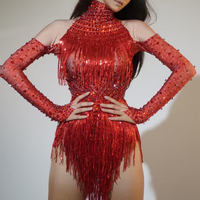 Robe de danse lyrique pour femme, costume scintillant violet et rouge avec strass, paillettes et franges, manches courtes ou longues, en spandex/polyester