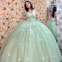 Robes de Quinceanera robe de soirée Spaghetti sangle sans manches dos nu Trail 3D papillon dentelle décalcomanie douce robe de bal vert menthe