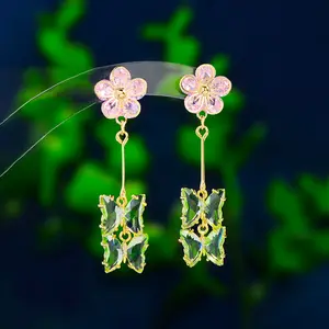 Japón Corea dulce largo tridimensional pendientes verde y púrpura mariposa flor circón pendientes mujeres