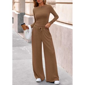 FOXA Women's 2 Piece Lounge Set Long Sleeve Crop Top Wide Leg Pants Rib <b>Knit</b> With Pockets Daily Wear Outfit - Product Image 5