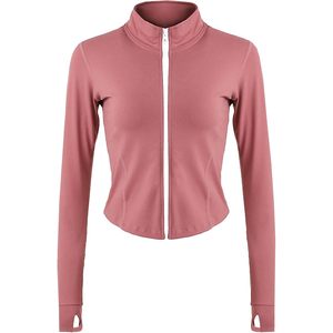 FOXA Women's Cropped Workout Jacket Long Sleeve Fitted Polyester Athletic Yoga Running Pullover With <b>Thumb</b> Hole - Product Image 1