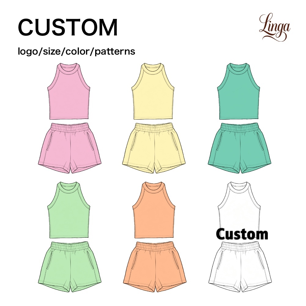 Custom Girls Tank Top Shorts Set Round Neck Sleeveless Side Pockets Activewear Fabric Daily Wear OEM