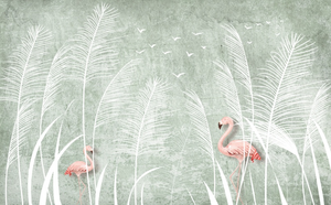 Murale Decorativo Impermeabile Dipinto a Mano con <span class=keywords><strong>Fenicotteri</strong></span> e Motivi Floreali, Personalizzabile e Senza Giunzioni per Centri Commerciali - Product Image 2