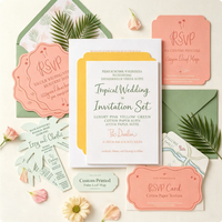 Suite d'invitations de mariage de luxe en papier texturé rose, jaune et vert, impression numérique, motif tropical, découpe feuille de palmier, impression de carte