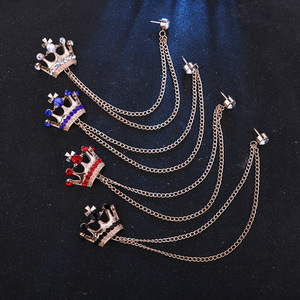 Spilla da Uomo in Lega alla Moda con Corona di Cristallo e Doppia Catena Dorata, Elegante Spilla da Bavero per Abiti da Cerimonia e Occasioni Formali - Product Image 5