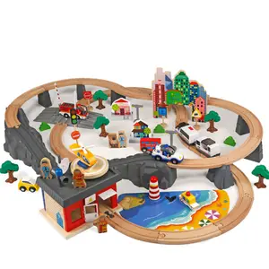 Hot Emergency Services HQ Police and Fire Station Complete Play Set for Kids,Wood City Train Set with Magnetic Electric Train