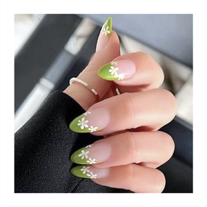 <span class=keywords><strong>Uñas</strong></span> Postizas de Almendra Estilo Personal, Puntas Nude con Estampado de <span class=keywords><strong>Flores</strong></span> Blancas, Pintura <span class=keywords><strong>en</strong></span> la Posición Exterior, Suministros de Color Verde, <span class=keywords><strong>Uñas</strong></span> Postizas Personalizadas - Product Image 1