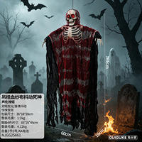 Décoration d'Halloween : Fantôme squelette suspendu, déchiqueteur en gaze rouge, accessoire animatronique avec yeux lumineux activés par le son, pour maison hantée et cimetière