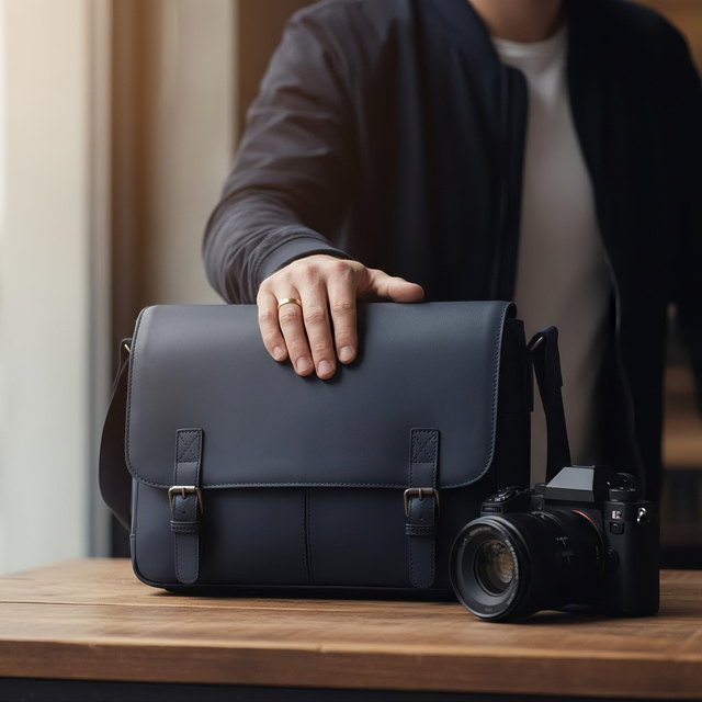 Manufacturer Custom DSLR Camera Case Premium Navy Blue Matt Finish Leather Camera Messenger Bag with Adjustable Shoulder Strap