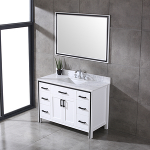 Industrial <b>White</b> Wooden Freestanding Bathroom Vanity Marble Wash Basin Cabinet with Black <b>Frame</b> <b>Mirror</b> Home Hotel Use - Product Image 4