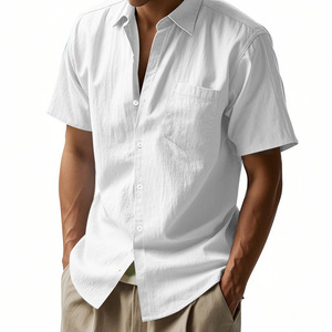 Chemises décontractées à manches courtes en coton et lin pour hommes, style ou logo personnalisé, fabrication ODM, avec poche, pour l'été - Product Image 3
