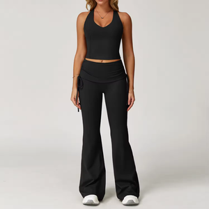 Ensemble de yoga 3 pièces de haute qualité pour femme, avec logo personnalisé, effet seconde peau, soutien-gorge de sport et leggings taille haute à revers - Product Image 5