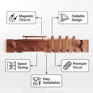 <b>Wall</b> Mounted Wooden Clothes Rack Solid Wood Piano <b>Key</b> Shape <b>Hooks</b> For Coat Hat Bag Storage Organizer - Product Image 4