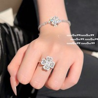 Set Perhiasan Fashion 4-pcs Set Kalung Anting Cincin Gelang Empat Daun Semanggi Dapat Diputar Berkilau Zirkon Perak untuk Wanita
