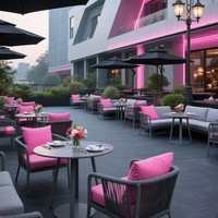 Ensemble de table et de chaises de restaurant de style européen moderne en cuir PU noir et rose avec structure en métal, meubles de salle à manger commerciaux pour l'extérieur