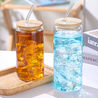 Gobelet en verre borosilicate de qualité alimentaire avec couvercle en bambou et paille, style cola transparent, pour café glacé, jus, thé