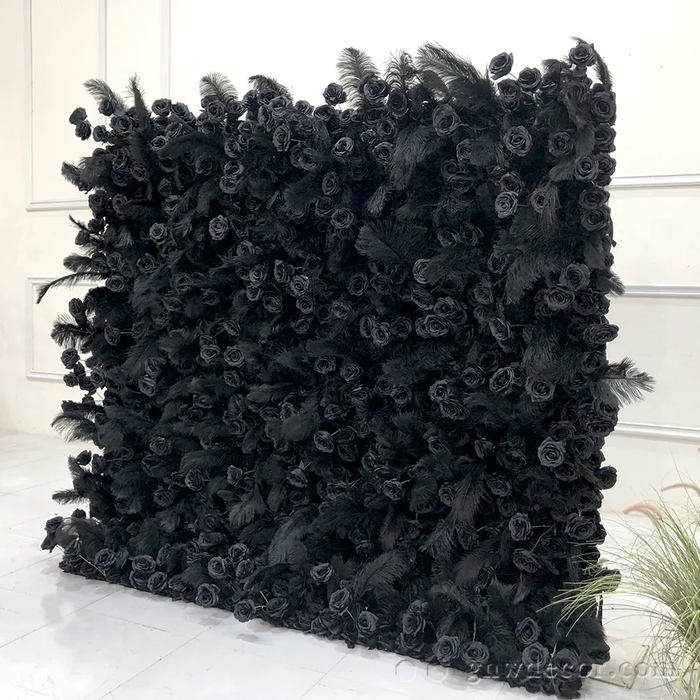 Wholesale Rose Feather Wall Luxury Wedding Stage Ceiling Decorative 3D Rolled Up Black Artificial Flower Panels