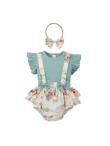 Conjunto de <span class=keywords><strong>Pijama</strong></span> para Bebé 3 en 1 con Top con Volantes, Pantalones Cortos con <span class=keywords><strong>Tirantes</strong></span> y Estampado Floral, y Diadema - Product Image 2