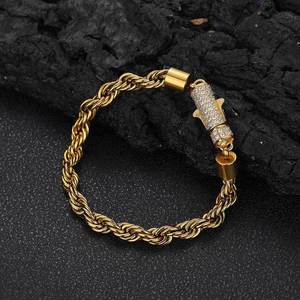 Cadena de cuerda de 6 mm de acero inoxidable con incrustaciones de diamantes, hebilla chapada en oro, cadena retorcida, collar para hombre - Product Image 5