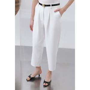 Puane Women's Ecru Pleated Trousers, Soft <b>Flowy</b> Fabric, Elegant and Comfortable for All Seasons, Versatile Style - Product Image 2