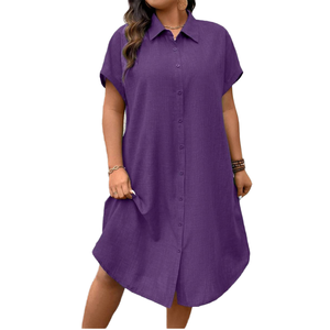 Robe chemise décontractée d'été pour femme, violette unie, à manches courtes, longueur midi, coupe ample, col rabattu, boutonnée sur le devant - Product Image 4