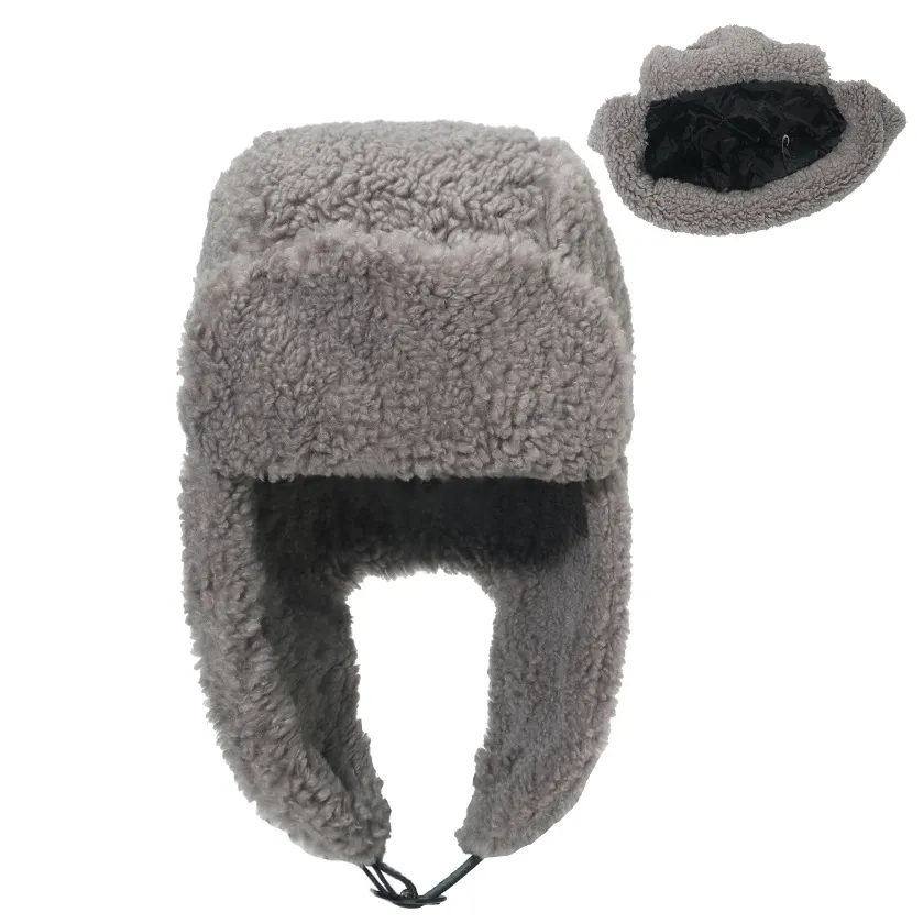 HZM-23308 Lamb Wool Bomber Cap Women's Winter Fluffy Fur Cute Solid Color Unisex Outdoor Ski Russian Warm Trapper Hat