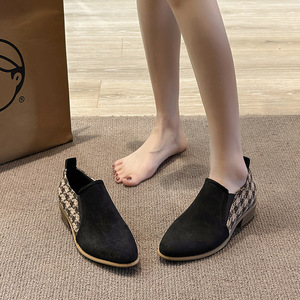 Pointed Toe Thick Heel Suede Retro Chidori Grids Flats for Women Spring Color Block Plus Size British Style Boots - Product Image 3