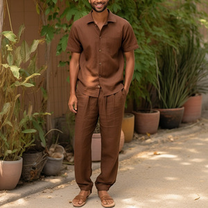 Set <span class=keywords><strong>di</strong></span> abbigliamento Casual da <span class=keywords><strong>uomo</strong></span> più venduto 100% <span class=keywords><strong>camicie</strong></span> <span class=keywords><strong>di</strong></span> <span class=keywords><strong>lino</strong></span> a maniche corte <span class=keywords><strong>pantaloni</strong></span> <span class=keywords><strong>di</strong></span> alta qualità <span class=keywords><strong>di</strong></span> lusso in tinta unita metodo <span class=keywords><strong>di</strong></span> tessitura - Product Image 4