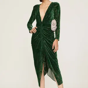 OEM Deep V Neck Noble Print Slit Wrap Velvet Dresses Women Lady Elegant Party Evening Olive Green Dress Women