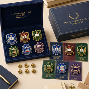 Badges de revers personnalisés en émail rigide avec logo scolaire, plaqués or, en alliage de zinc, pour la remise des diplômes, forme bouclier rond - Product Image 3