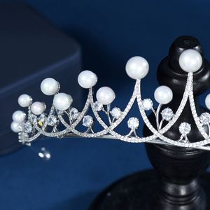 HIBRIDE perla redonda mujer Boda nupcial accesorios para el cabello moda fiesta regalos Cubic Zirconia Tiara y corona Corona Prince - Product Image 3