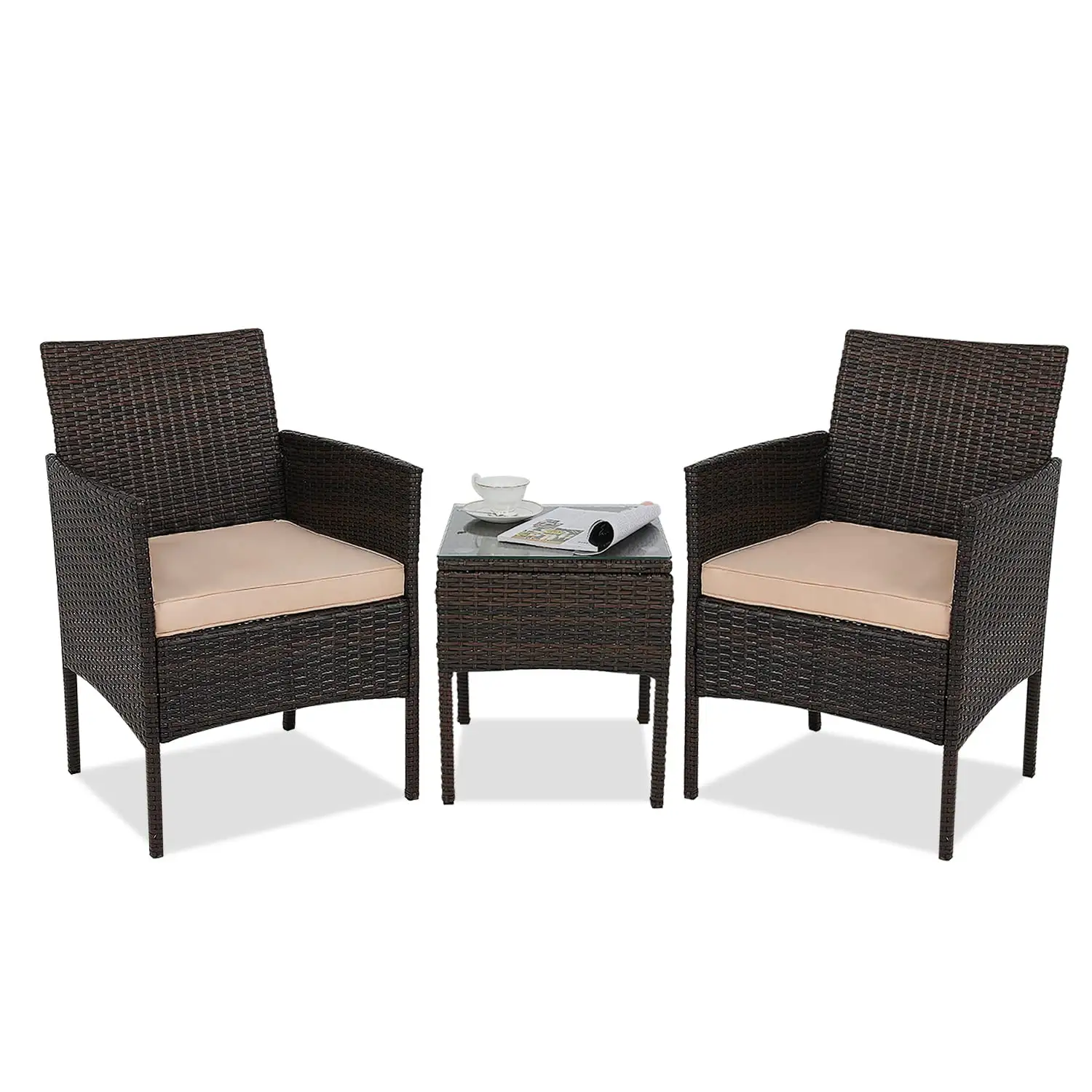 3 Peças Conjunto De Móveis Do Pátio, Conversa De Vime Do Rattan Conjunto Com Mesa De Café, Cadeiras Com Almofadas Do Assento Pátio Conversação S