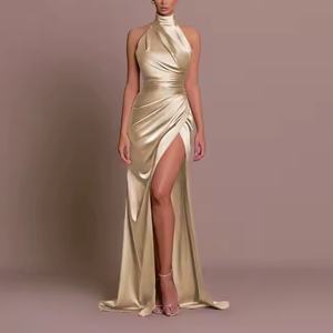 ชุดเดรสผ้าซาตินดีไซน์ใหม่ ราคาประหยัด คุณภาพสูง คอตั้ง แขนกุด ทรงยาว เซ็กซี่ ผ่าข้าง สำหรับงานกลางคืน ผู้หญิง - Product Image 4