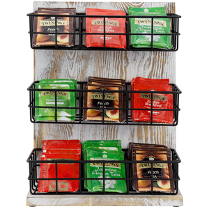 Contenitore di stoccaggio in legno rustico e metallo nero per bustine <span class=keywords><strong>da</strong></span> tè Organizer <span class=keywords><strong>da</strong></span> tavolo o <span class=keywords><strong>da</strong></span> <span class=keywords><strong>parete</strong></span> ripiano organizzatore a 3 livelli - Product Image 1