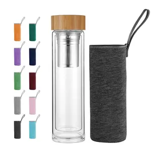 Hiện Đại Vòng Rõ Ràng Tùy Chỉnh Logo Đôi Tường Borosilicate Glass Uống Infuser Chai Nước Với Nắp Tre