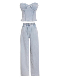 <span class=keywords><strong>Jean</strong></span> à jambe droite pour femme, ensemble de <span class=keywords><strong>Top</strong></span> et pantalon en <span class=keywords><strong>Jean</strong></span> bleu, sans déchirure, collection printemps 2023 - Product Image 5