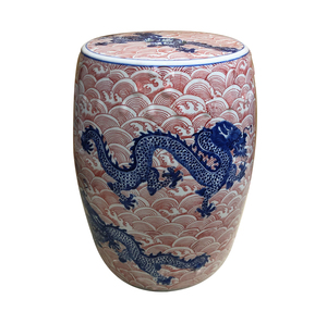 Tabourets de jardin en céramique chinoise antique à motif de dragon rouge sous glaçure bleu et blanc, tabouret décoratif en céramique de Jingdezhen - Product Image 1