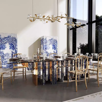 Table à manger en verre trempé artistique de qualité supérieure, base en bois peinte à la main, table de luxe moderne de grande taille pour appartement et villa haut de gamme