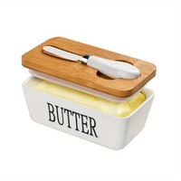Beurrier rectangulaire en céramique avec couvercle et couteau - Récipient hermétique en bambou pour fromage, beurre et pâté, idéal pour la cuisine domestique