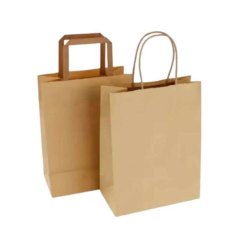 Экологичный коричневый крафт-бумажный пакет с индивидуальным логотипом и плоской ручкой для покупок продуктов и подарков с печатной поверхностью