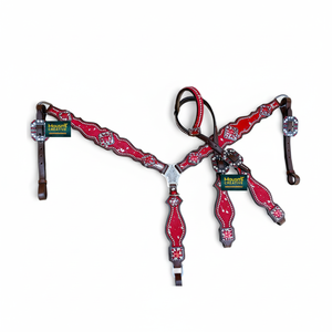 Conjunto de cuello de pecho y cabeza de cuero metálico rojo: tachuela occidental de piel de vaca argentina - Product Image 1